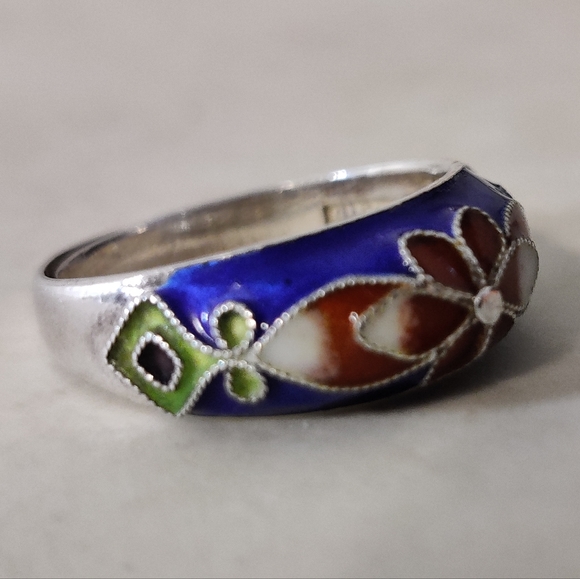 Vintage Chinese Export Cloisonne Sterling Silver Adjustable Ring - Picture 6 of 12